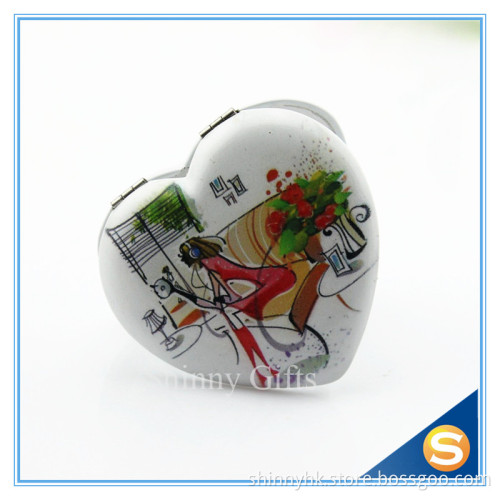 Full color logo imprint Heart Shape Silver Plated Makeup Compact Mirror